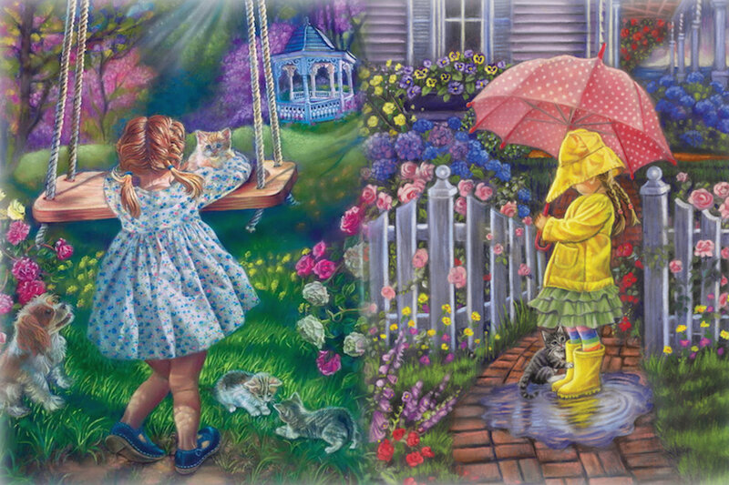 Girl with Kittens in Garden — Green