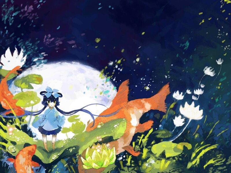Girl with koi fish in moonlight