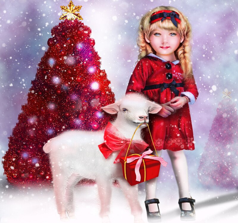 Girl with Lamb and Gift — Red