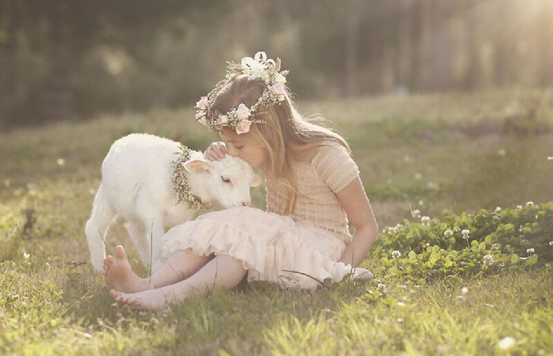 Girl with Lamb in Field