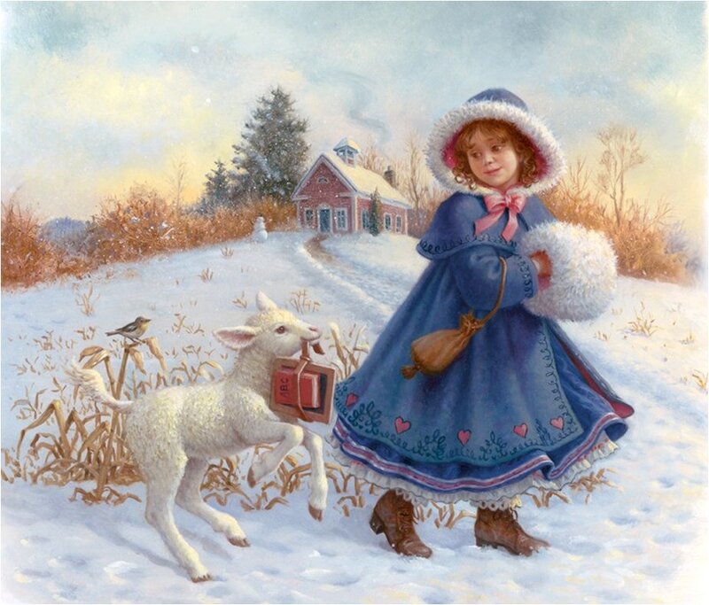 Girl with Lamb in Snow — Blue