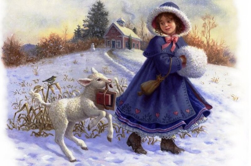 Girl with Lamb in Snow