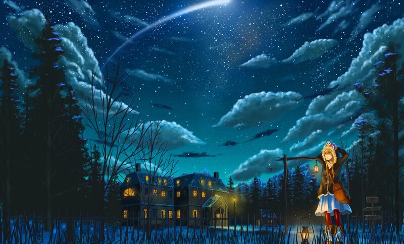 Girl with Lantern at Night — Blue