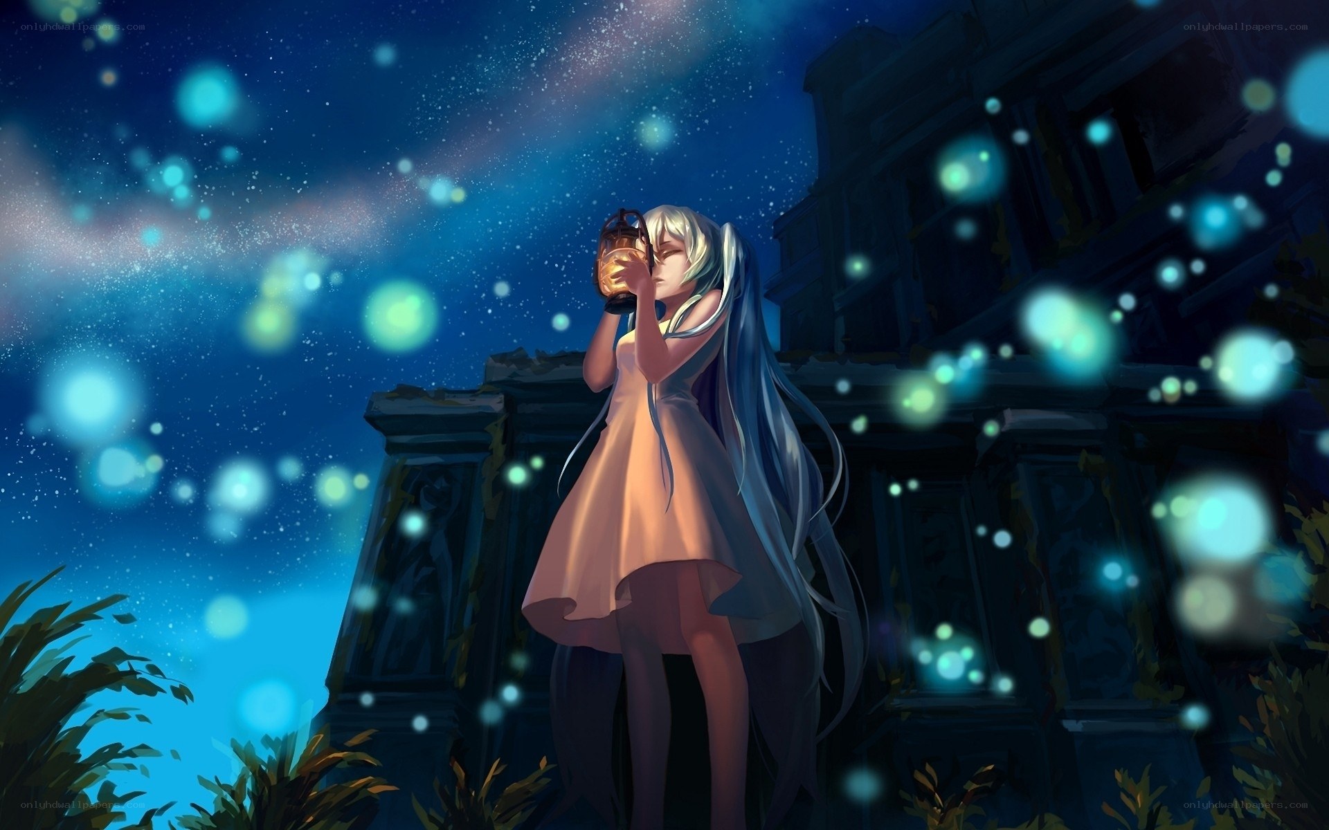 girl with lantern at night