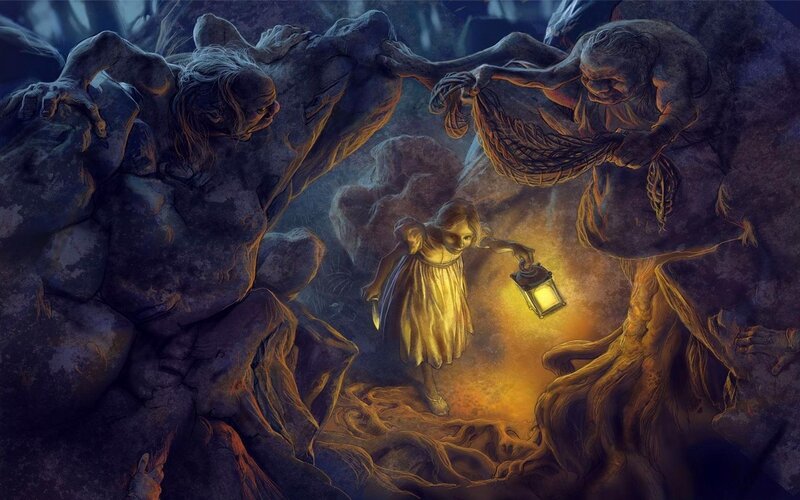 Girl with Lantern in Cave — Yellow, Dramatic, Night