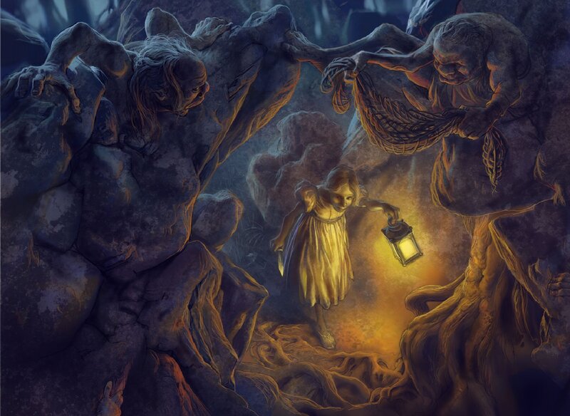 Girl with Lantern in Cave — Yellow, Dramatic