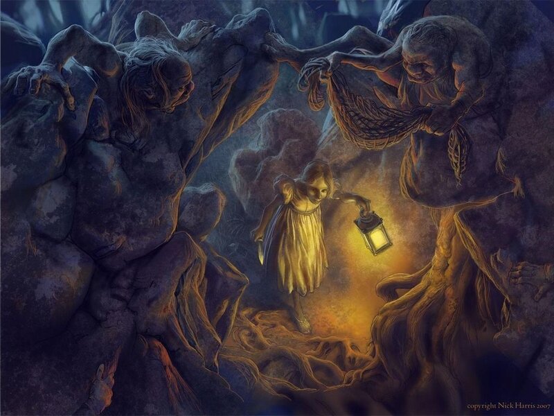 Girl with Lantern in Cave — Yellow