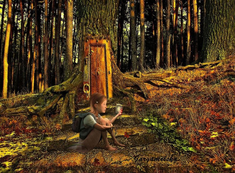 Girl with lantern in forest