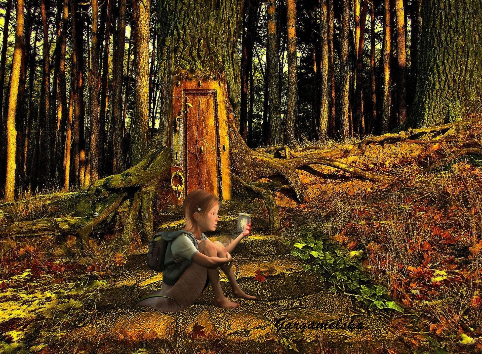 Girl with lantern in forest
