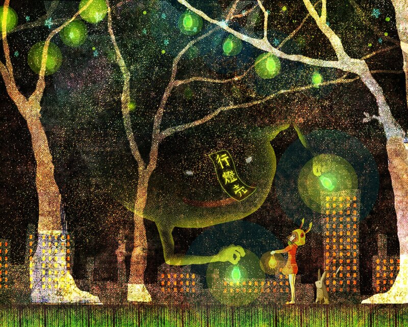 Girl with lantern in forest