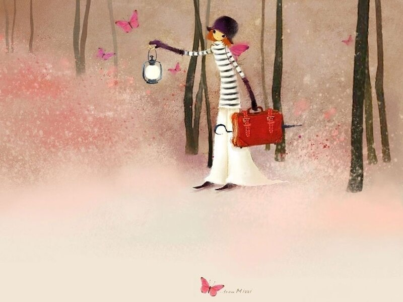 girl with lantern in forest