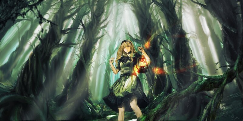 Girl with Lantern in Forest — Green, Mysterious