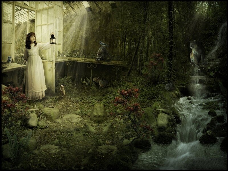 Girl with Lantern in Forest — Green