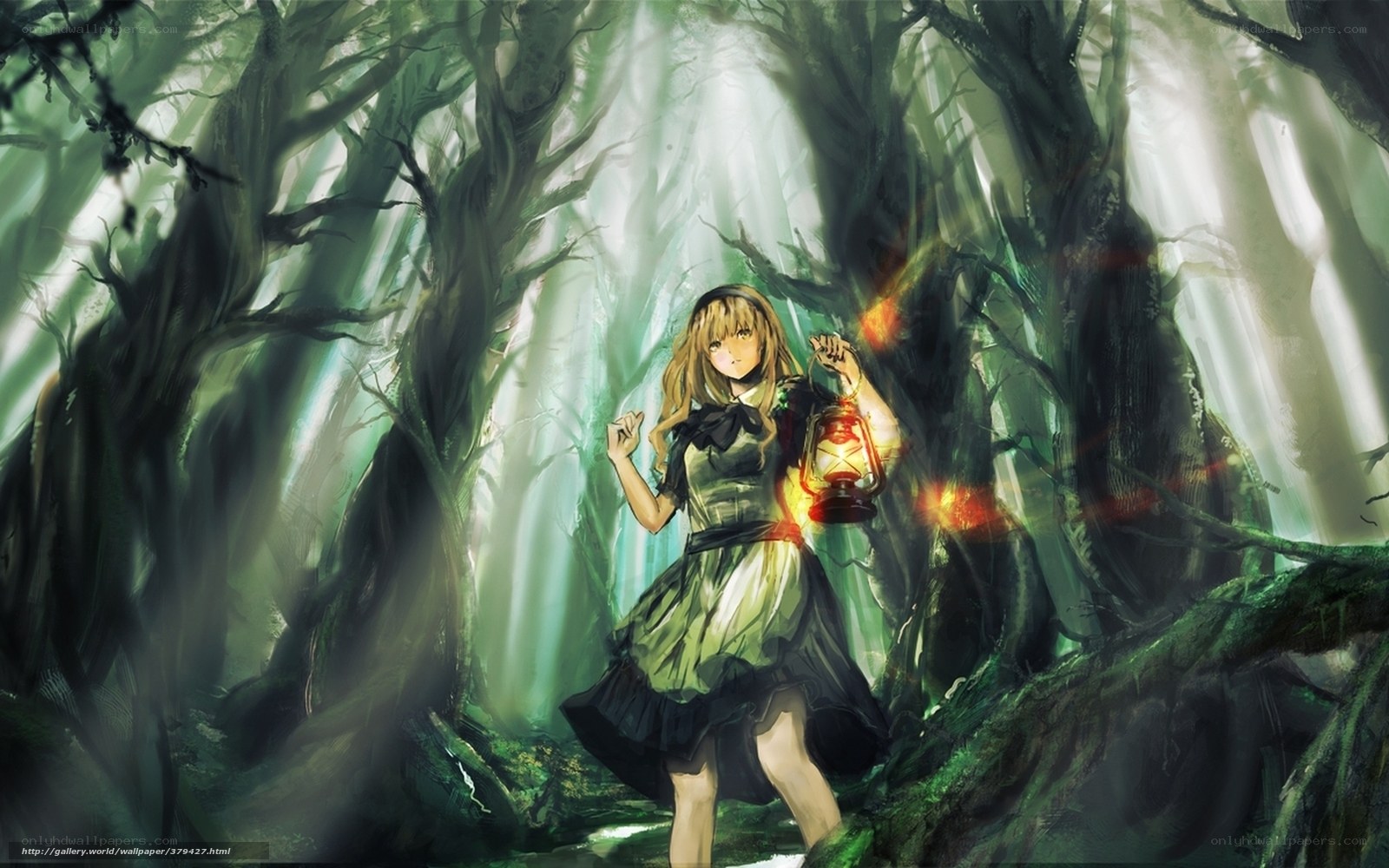girl with lantern in forest