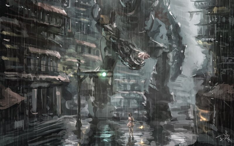 Girl with Lantern in Rain