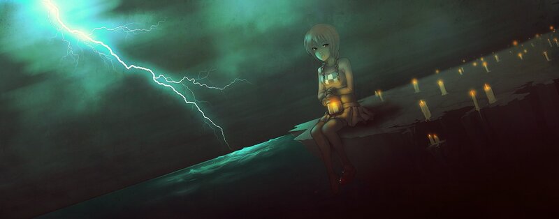 girl with lantern in storm