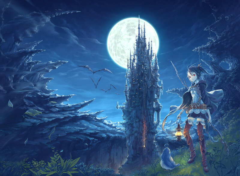 Girl with lantern near castle