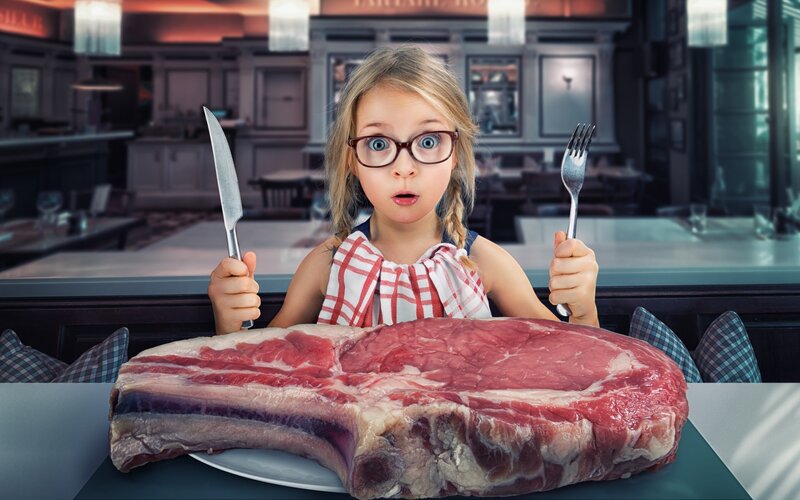 Girl with Large Steak