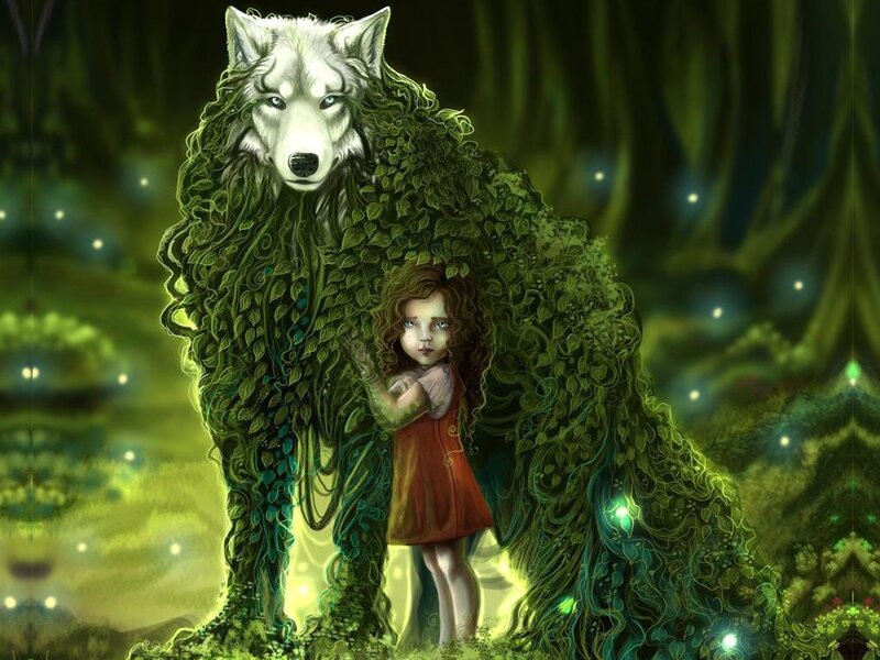 Girl with Leaf-covered Wolf — Green