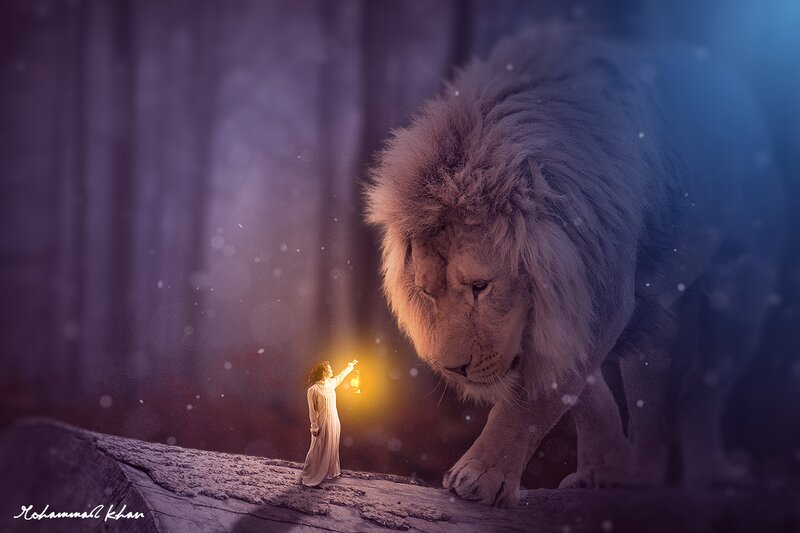 Girl with Lion in Forest — Purple