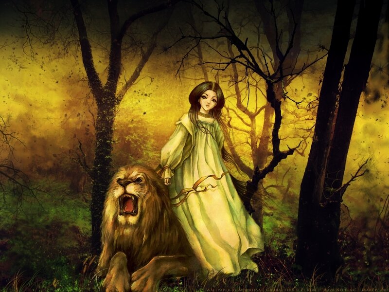 Girl with Lion in Forest — Yellow