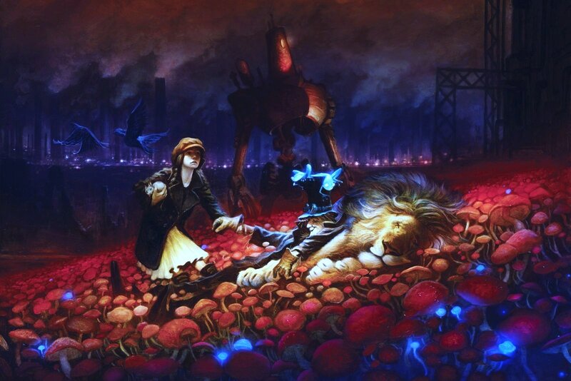 Girl with Lion in Mushrooms