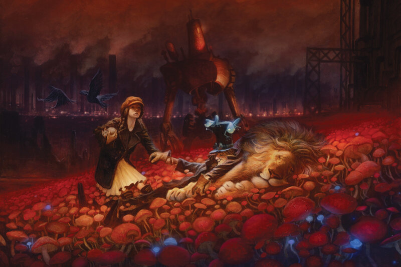 Girl with lion in red field