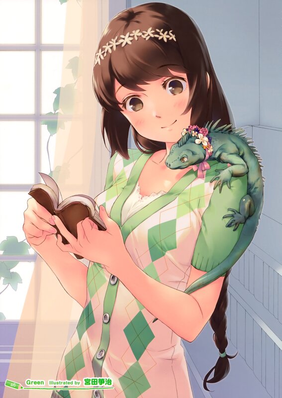 Girl with lizard reading book