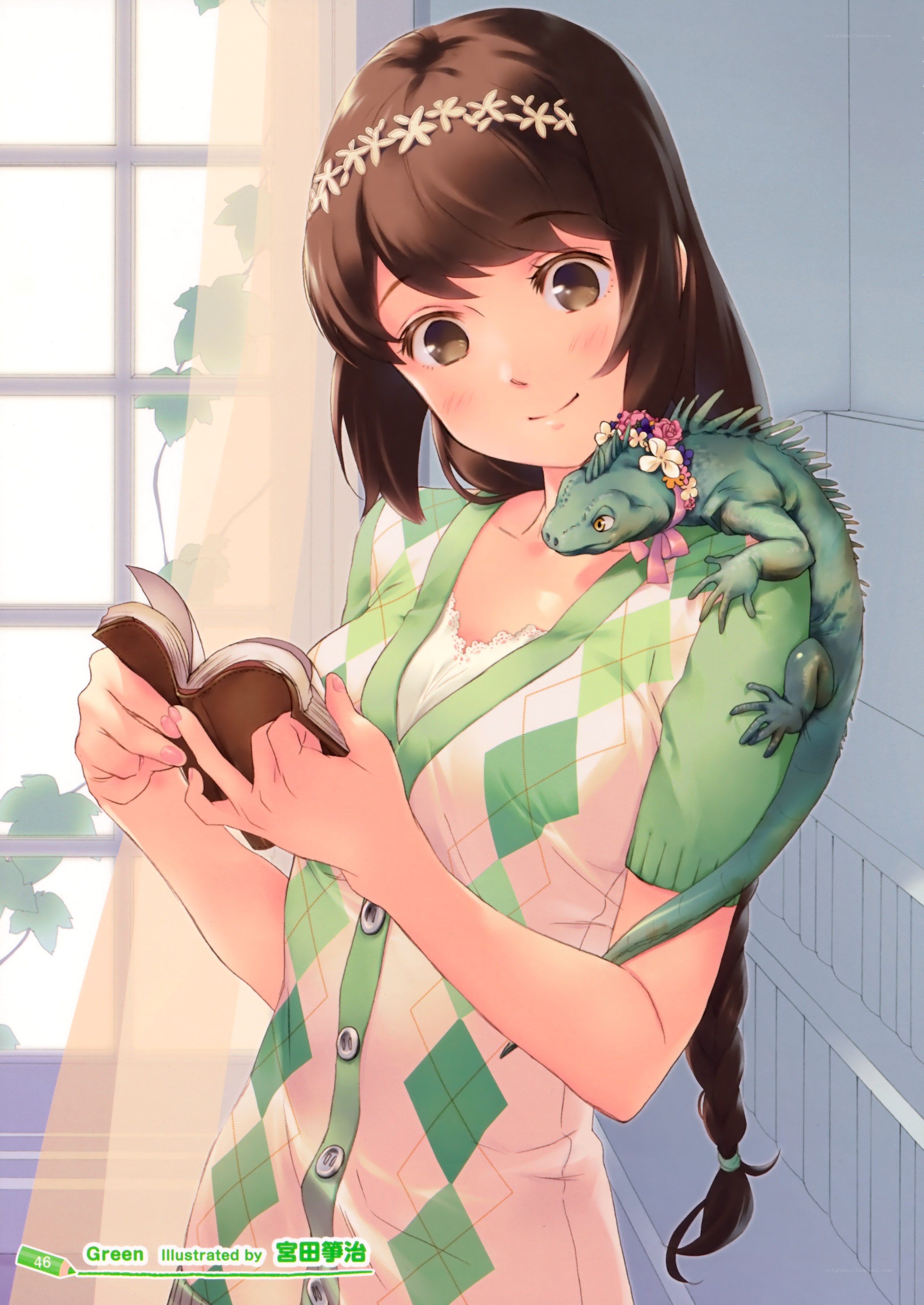 Girl with lizard reading book