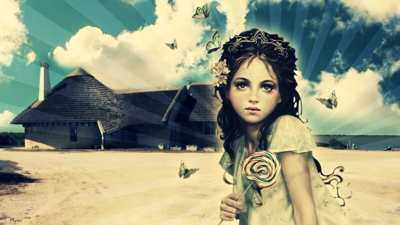 girl with lollipop and butterflies