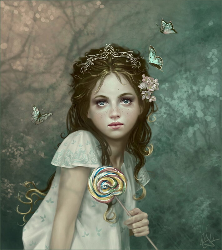 Girl with lollipop and butterflies