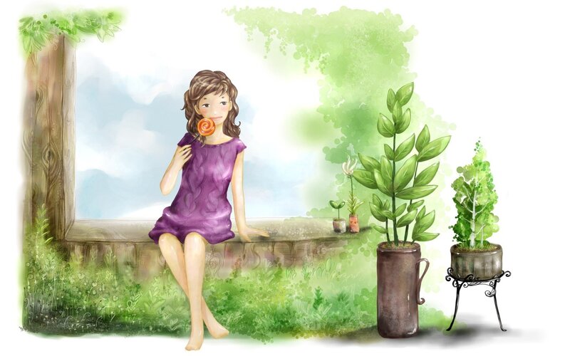 Girl with lollipop by window