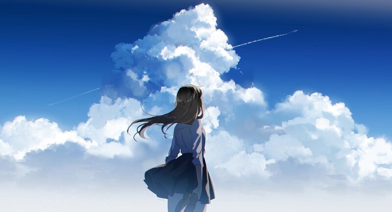 Girl with Long Hair — Blue, Serene, Afternoon, Anime, Clouds