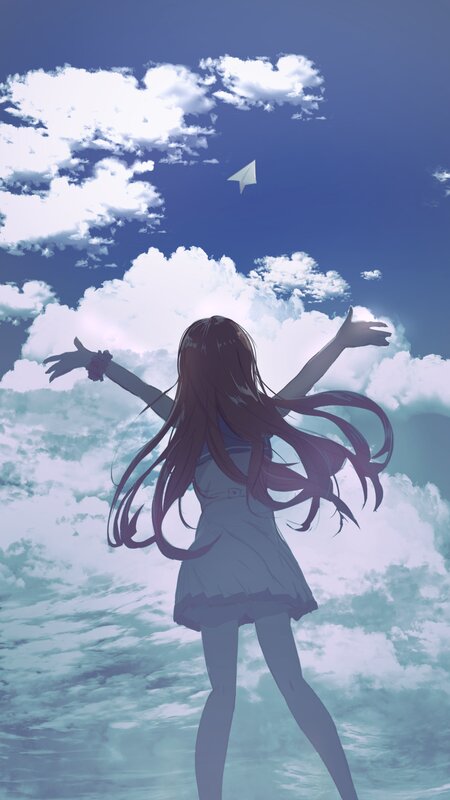 Girl with Long Hair — Blue, Serene, Afternoon, Anime