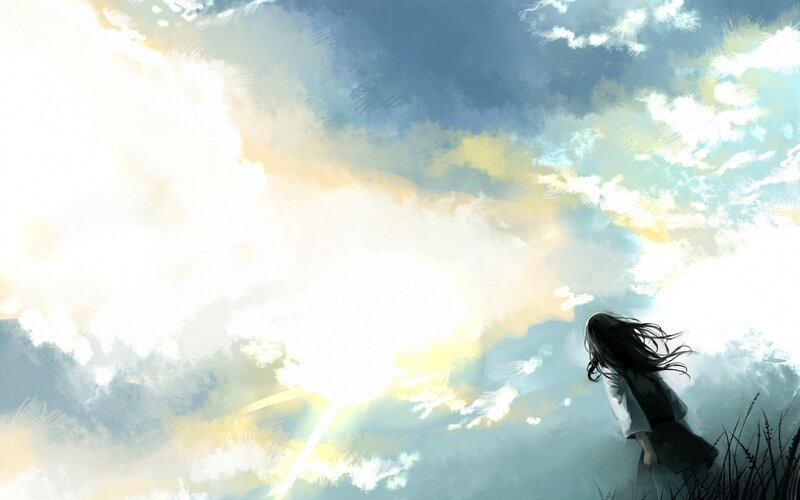 Girl with Long Hair — Blue, Serene, Sunrise, Digital Art, Clouds