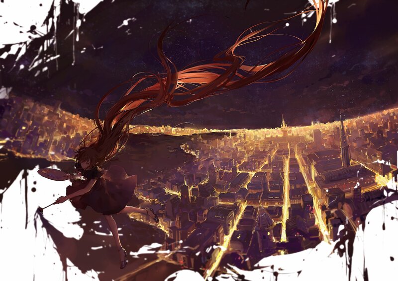 Girl with Long Hair — Brown, Dramatic, Night, Digital Art, City