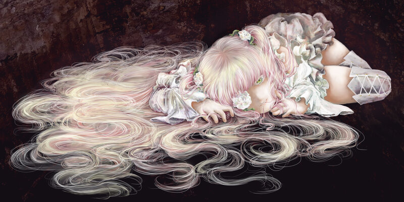 Girl with Long Hair — White, Dramatic, Digital Art