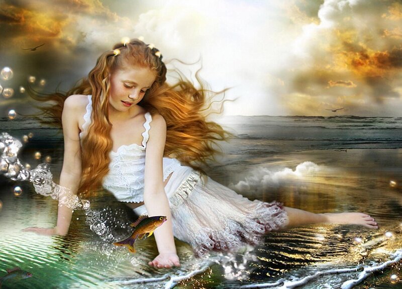 Girl with Long Hair — White, Dramatic, Sunset, Digital Art