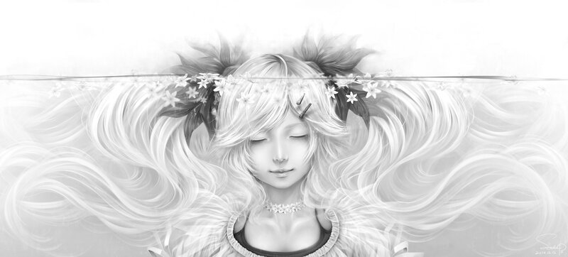 Girl with Long Hair — White, Serene, Digital Art, Flowers