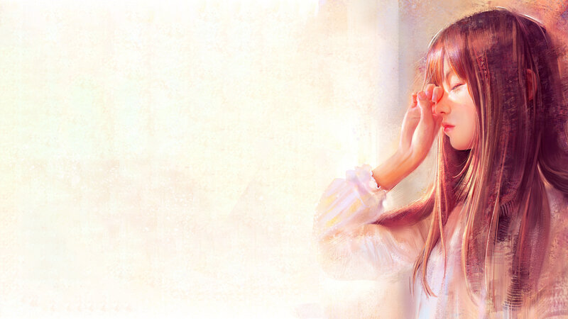 Girl with Long Hair — White, Serene, Sunset, Digital Art, Hand