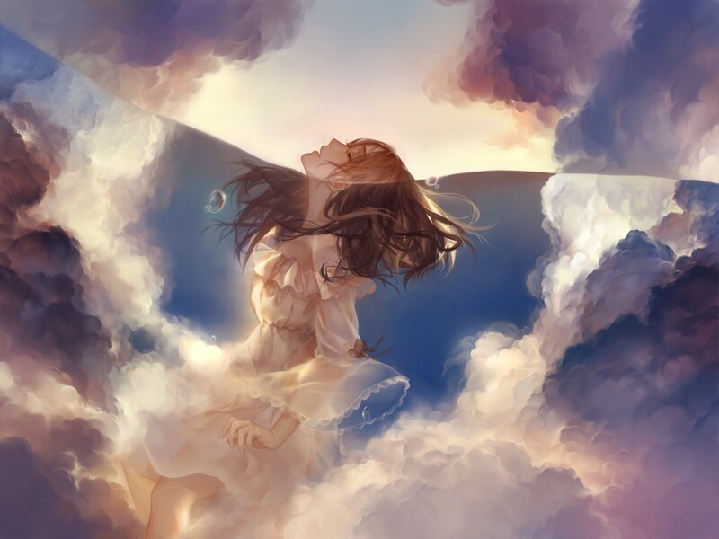 Girl with Long Hair — White, Serene, Sunset, Digital Art