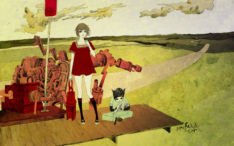 Girl with mechanical arms on a platform