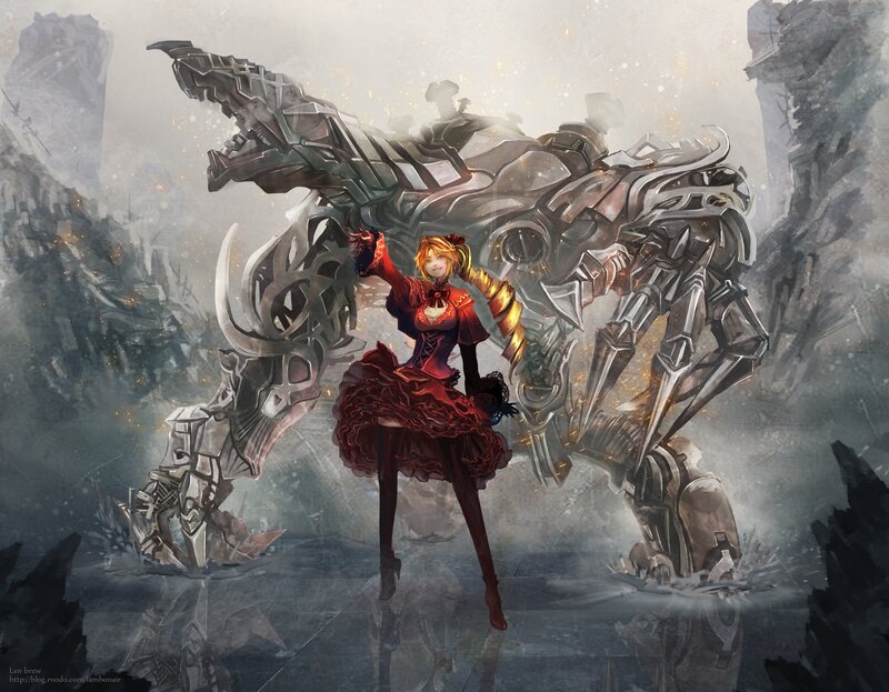 Girl with Mechanical Dragon — Red, Dramatic