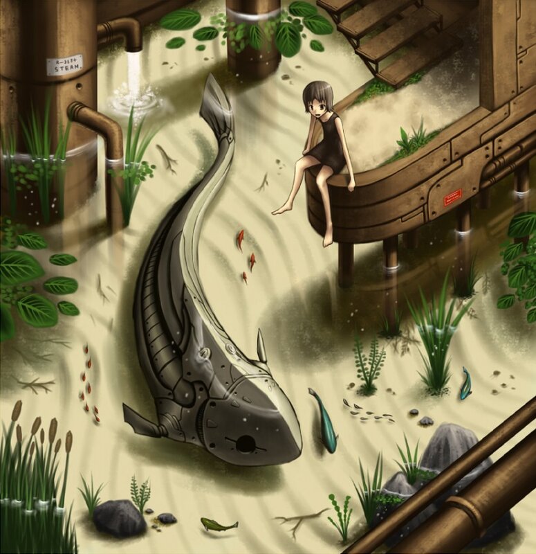 girl with mechanical fish