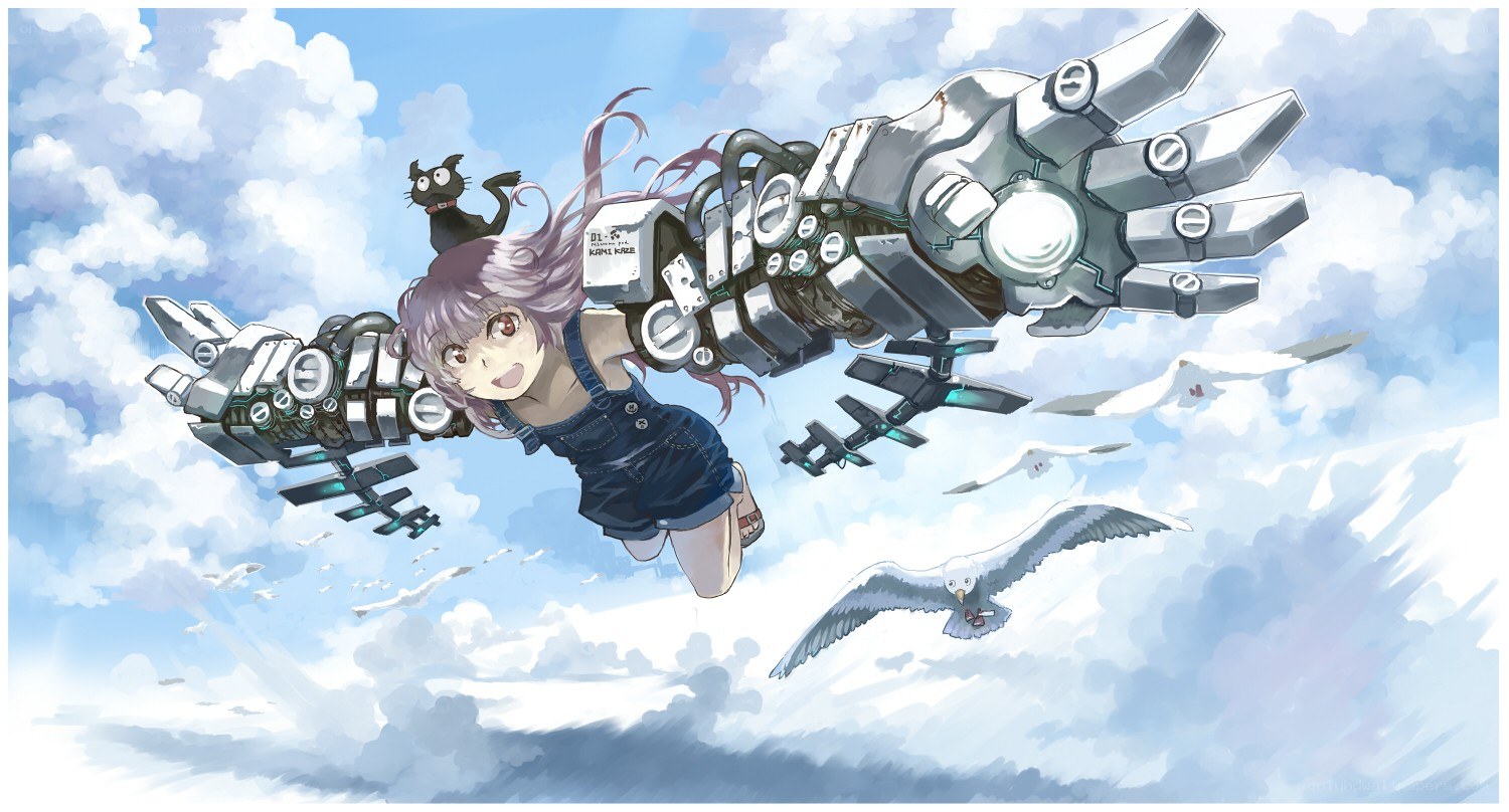 Girl with mechanical wings flying