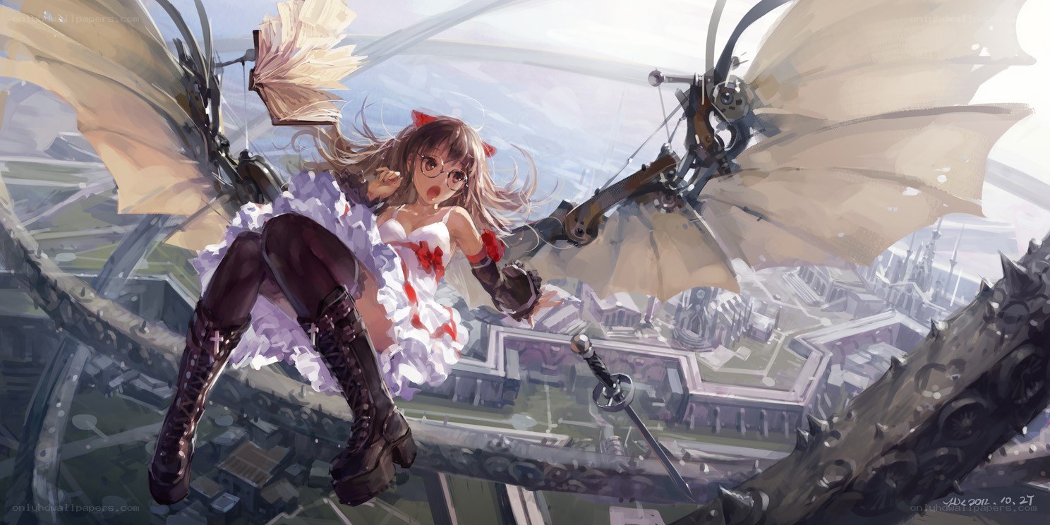 girl with mechanical wings flying