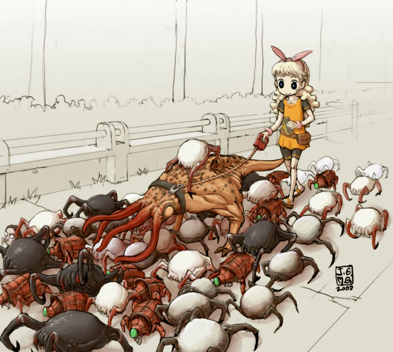 girl with monster and crabs