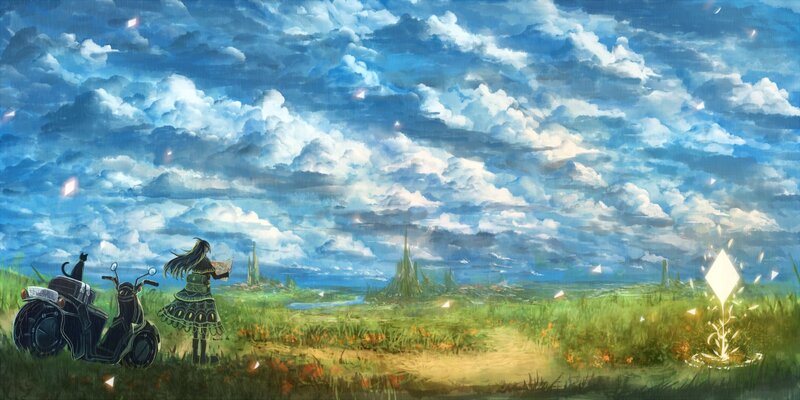 Girl with motorcycle in a field