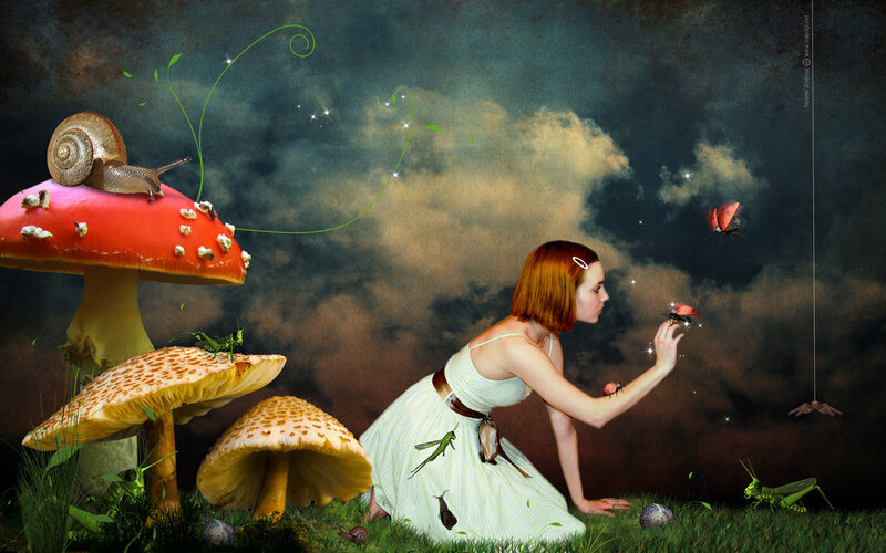 girl with mushrooms and insects
