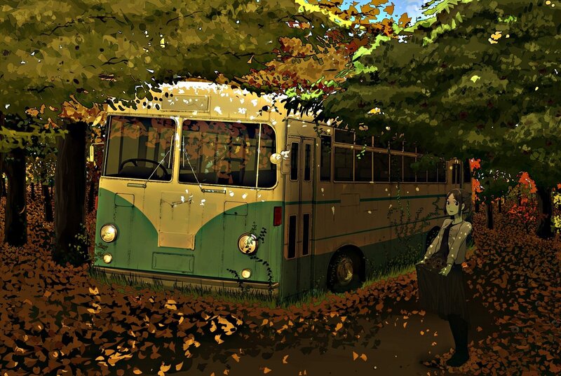 Girl with old bus in autumn forest